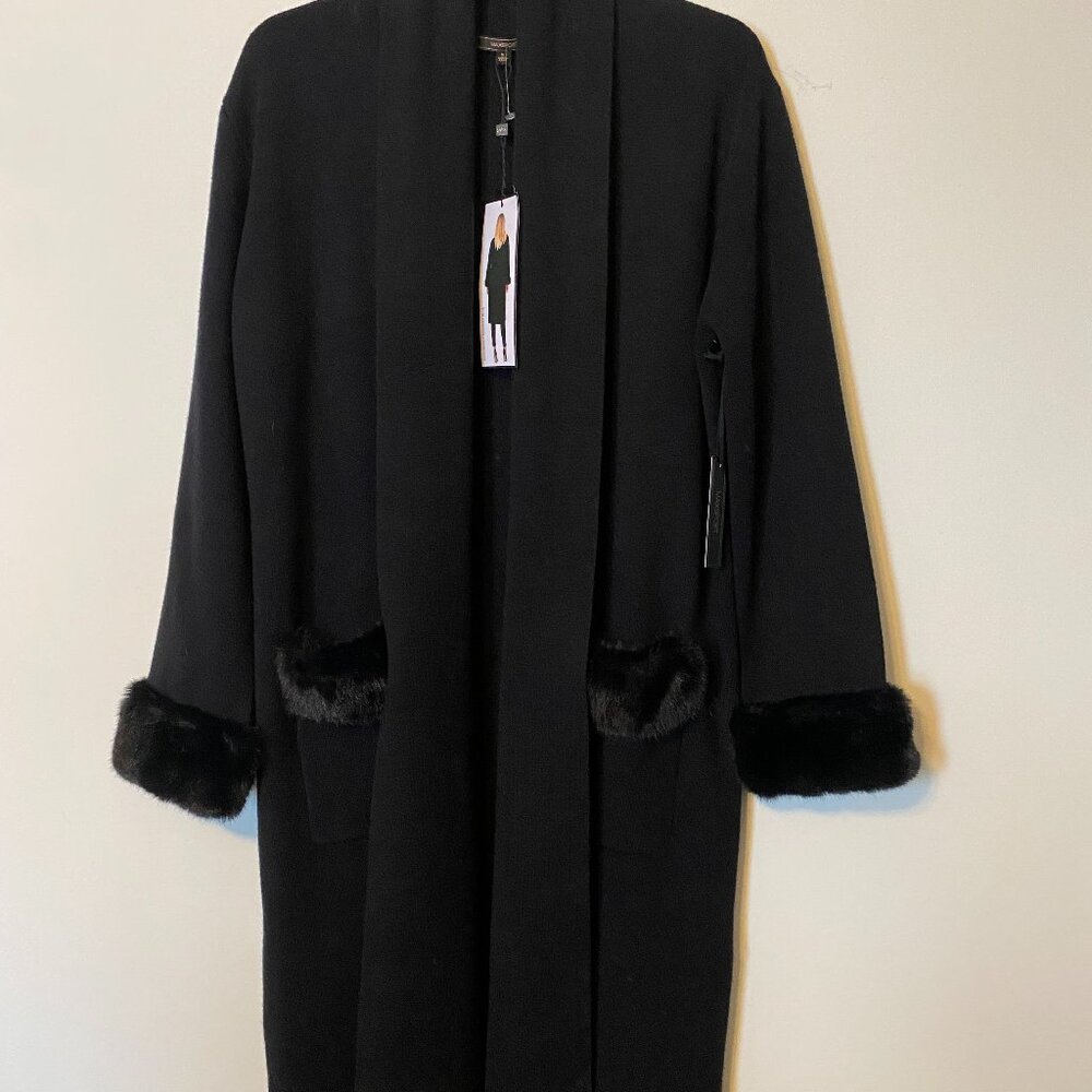 NWT!! MAX SPORT Black w/Fur Trim Long Open Duster/Cardigan Sweater Sz L